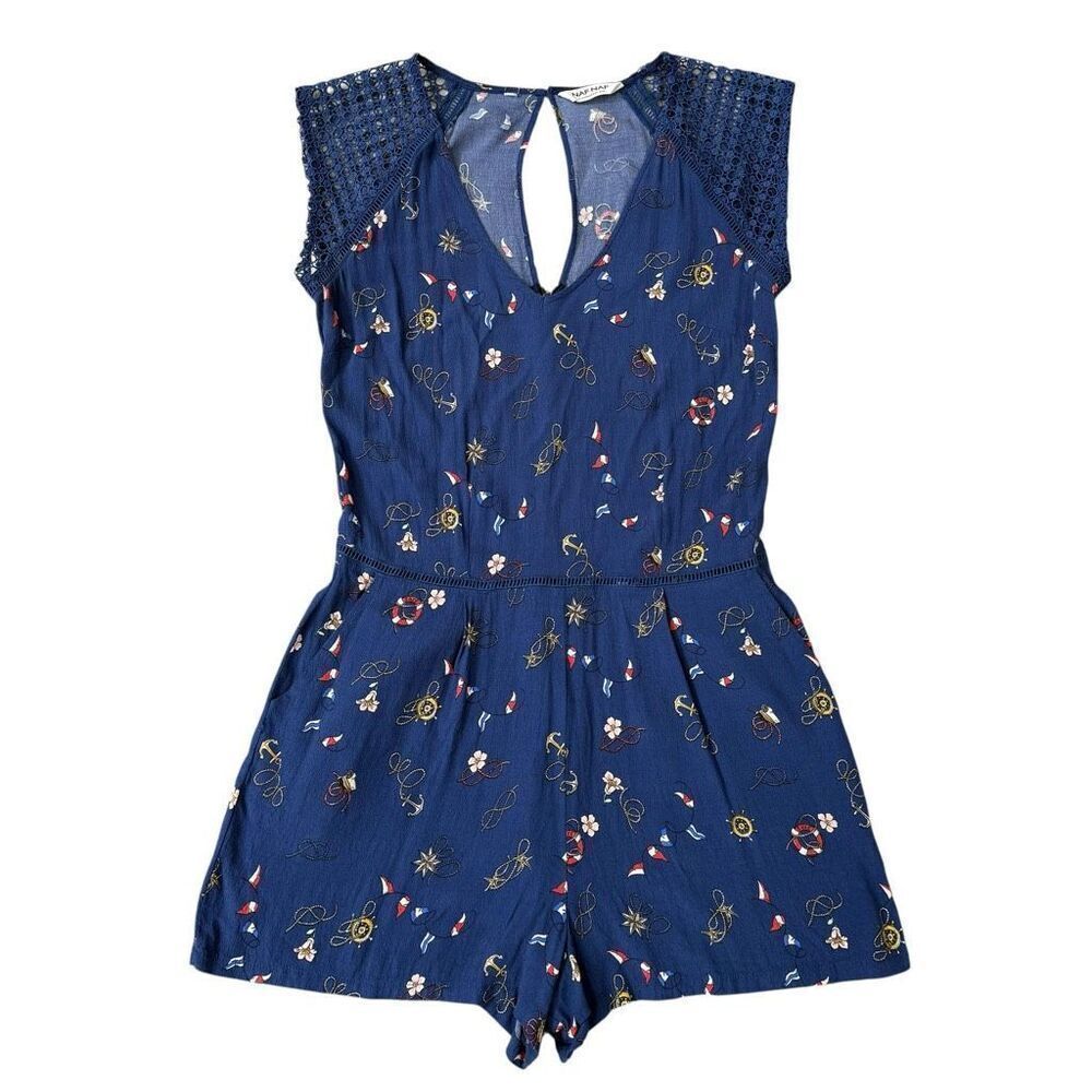 Naf Naf Navy Blue Nautical Print Romper with Crochet Lace Sleeves – Size S